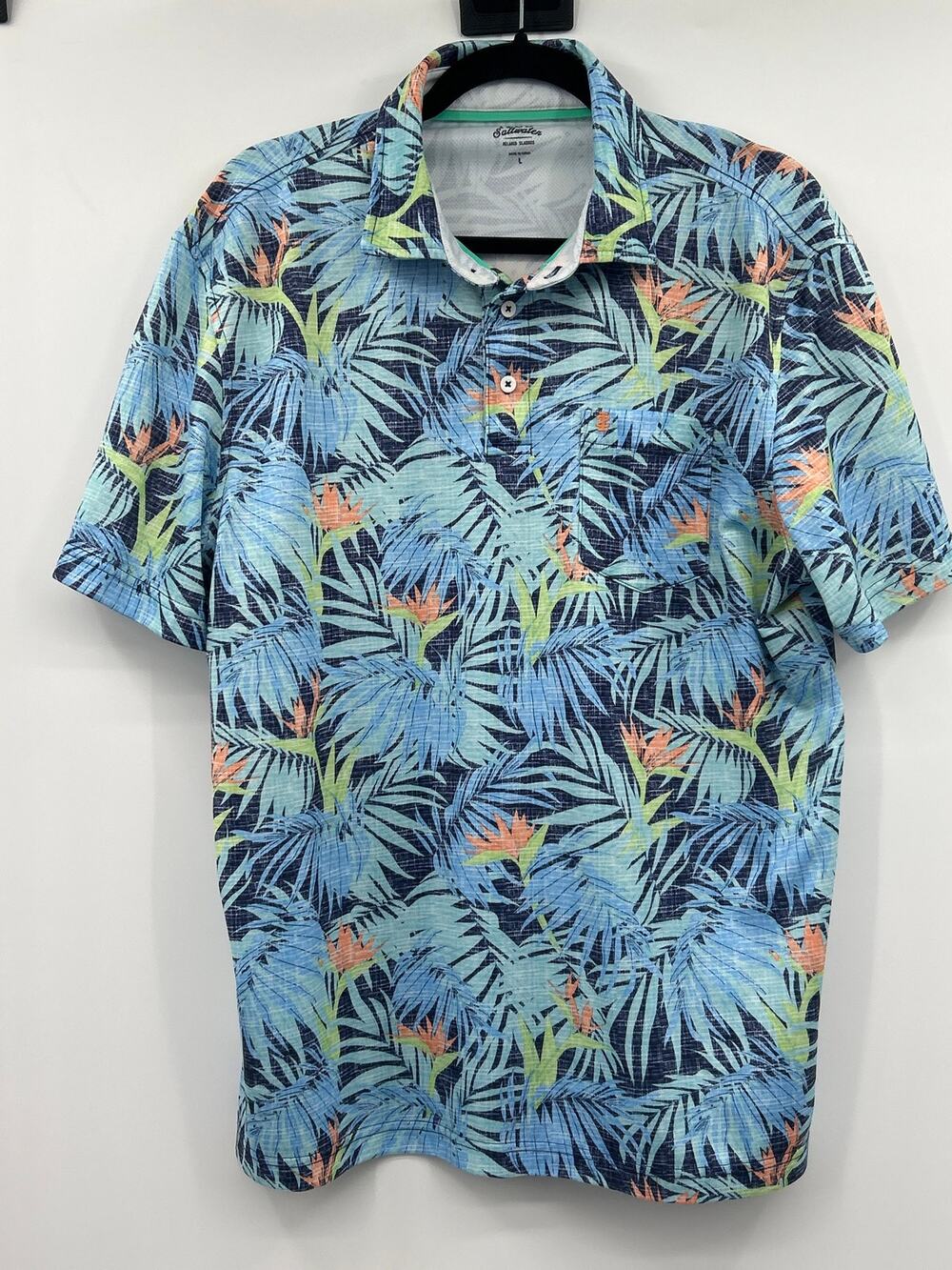 IZOD Saltwater Relaxed Classic Polo Shirt Men’s Large Tropical Palm Print Blue
